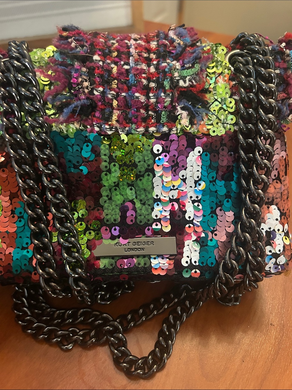 Kurt Geiger Multicolor Tweed & Sequin Crossbody with Neon Yellow Accent - Picture 5 of 5
